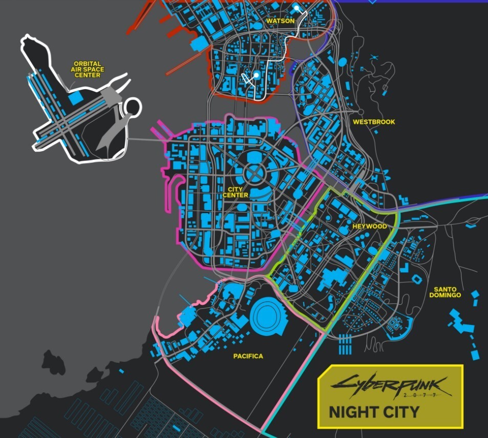 Mapa Night City del juego Cyberpunk 2077